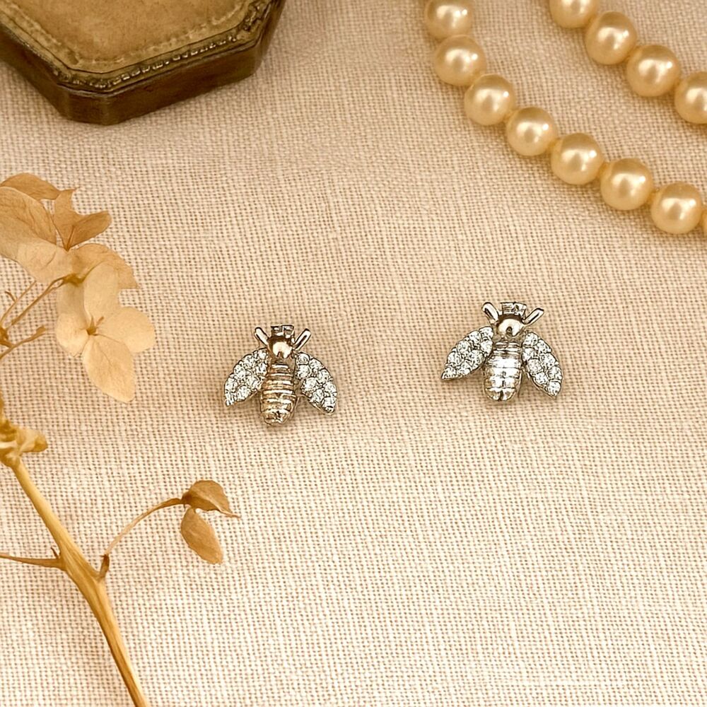 Silvertone CZ Bee Stud Earrings Hypoallergenic Nickel Free Rhodium Plated NWOT